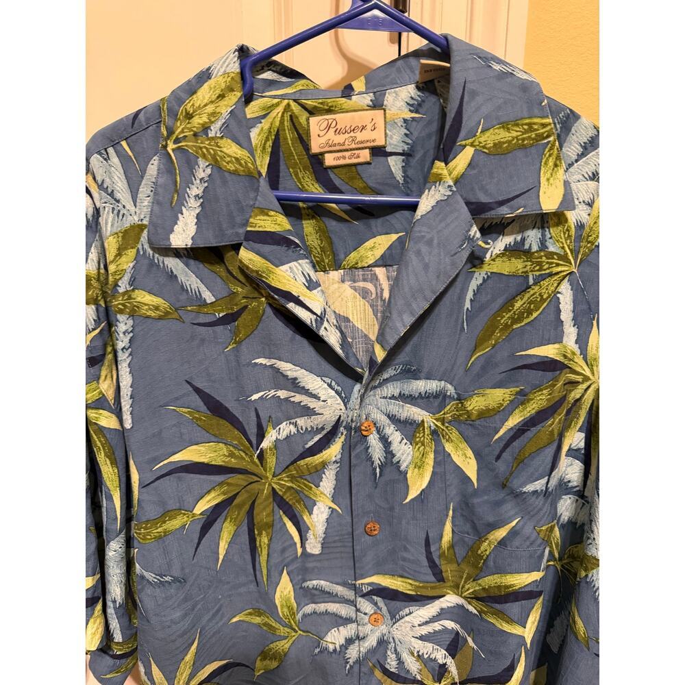Pusser’s Blue Green Men’s Silk Short Sleeve Button Up Tropical Hawaiin Shirt L - Picture 2 of 11